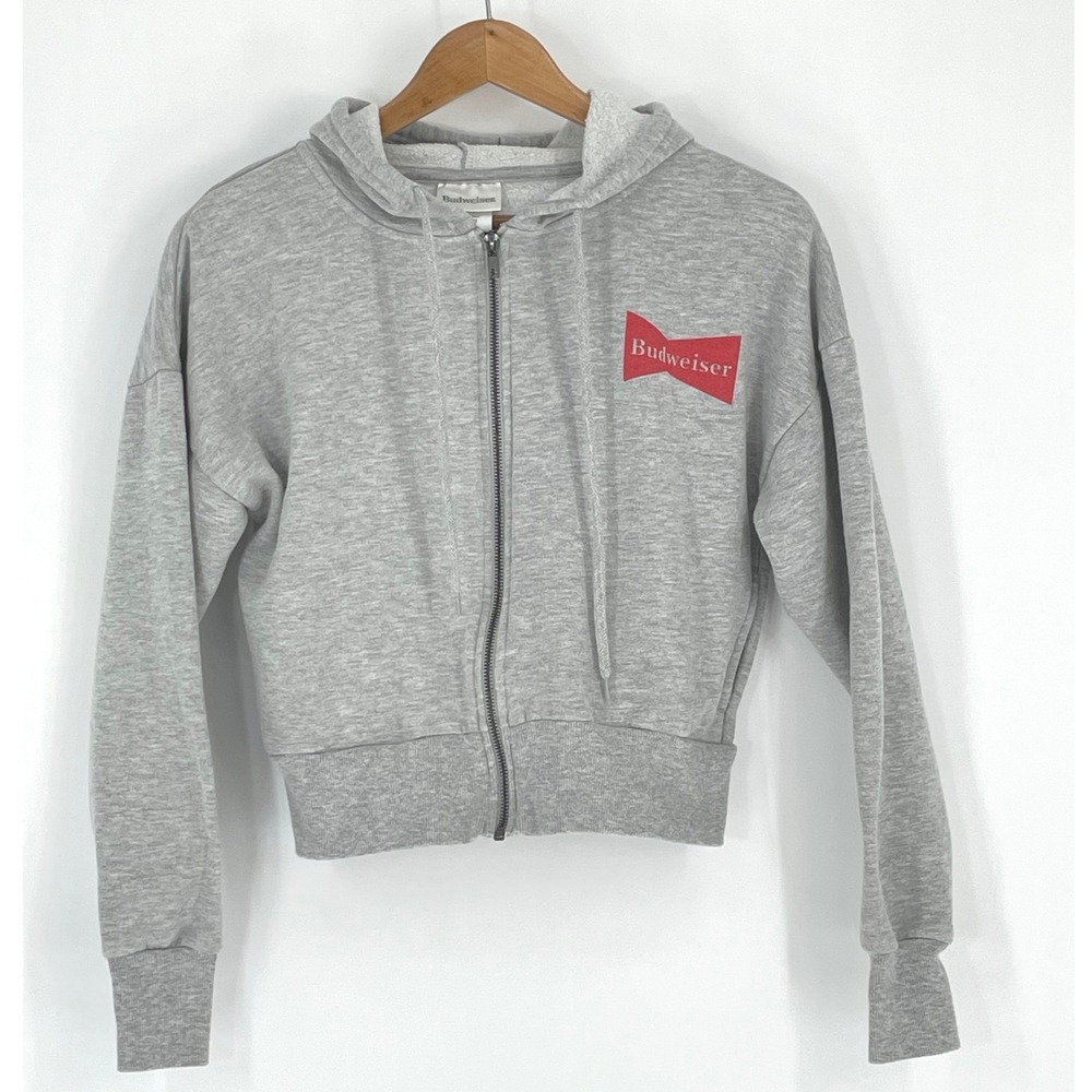 Budweiser Women Hoodie Medium Zip Up Gray Cropped Bowtie Logo‎ Fleece